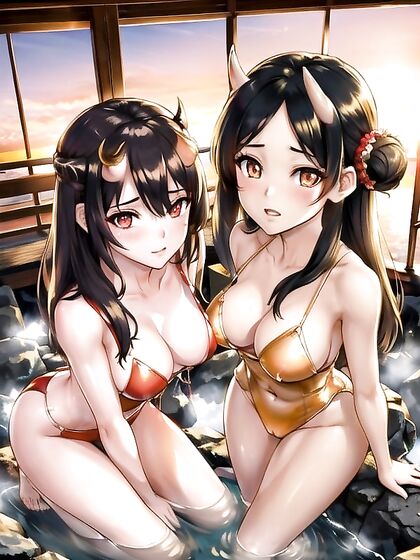 Sunset Silhouettes - Busty Beauty with Black Hair in Seductive Hentai AI Image