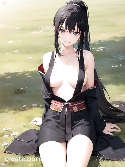 Seductive Black-Haired Beauty in Kimono Sits Down for Naughty Hentai Pleasure