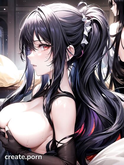 Horny Black-Haired Girl 18+ with Glowing Eyes in Seductive Hentai AI Image