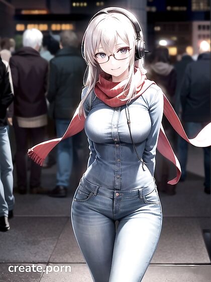 Glasses-Wearing Babe with Rounded Breasts Teased in Tight Jeans Hentai AI Image