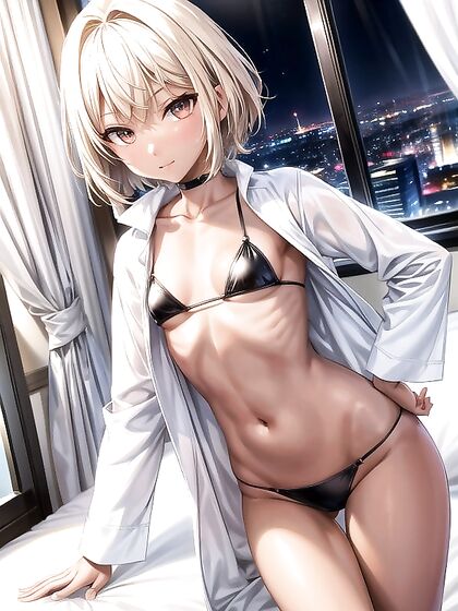 Skinny Girl 18+ with Small Breasts and Visible Tan Lines in Hentai AI Image