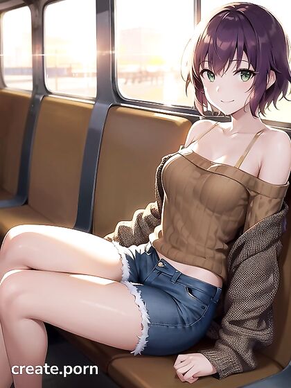 Off-Shoulder Purple Top and Skinny Jeans in Seductive Hentai AI Image