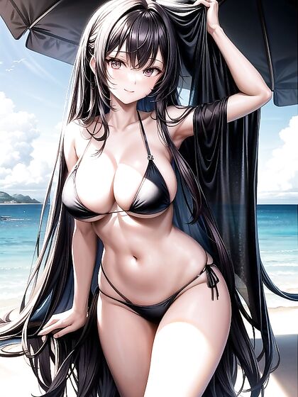 Beachside Bliss - Black-Haired Beauty in Seductive Wallpaper Hentai AI Image