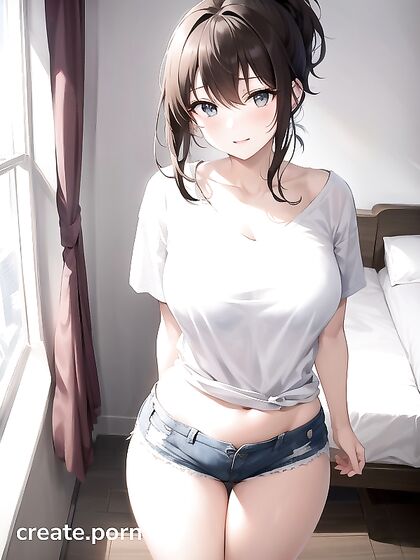 Cute Teen 18+ Wears Oversized T-Shirt in Seductive Hentai AI Image