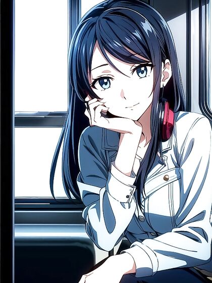 Wearing Headphones and a Sport Bra While Touching Her Face in Seductive Hentai AI Image