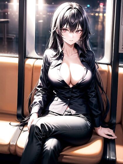 Office Chick Shows Off Her Cleavage on the Bus in Seductive Hentai AI Image