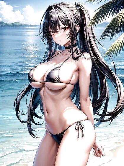 Black-Haired Beauty in Bikini Gets Wild on the Beach in Steamy Hentai AI Image