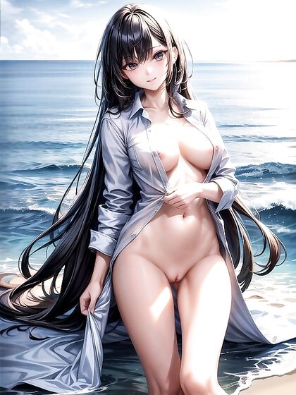 Black-Haired Beauty in Revealing Outfit Takes Center Stage in Hentai Wallpaper