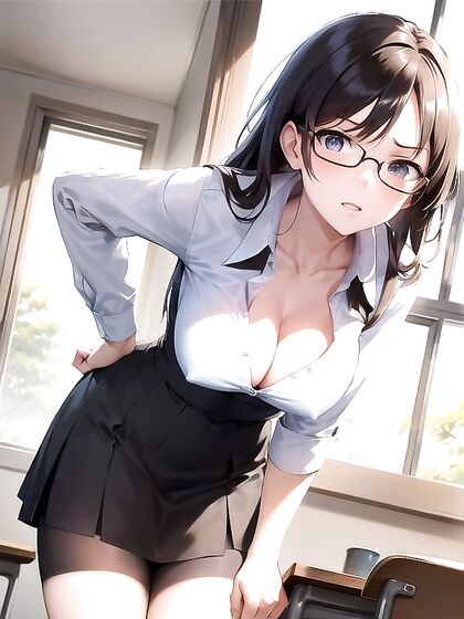 with Cleavage and Hair Ribbons Teases in Classroom Hentai AI Image
