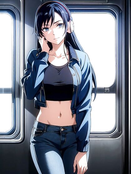 Black-Haired Beauty Wearing Headphones in Sensual Hentai AI Image