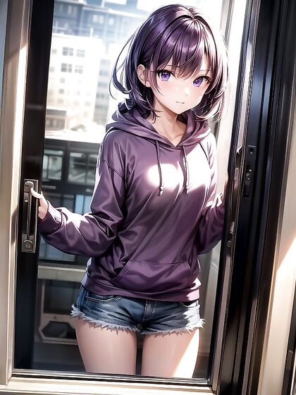 Girl 18+ in Hoodie and Jean Shorts Stares Seductively at You in Hentai AIErotic Image