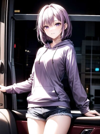 Girl 18+ in Hoodie and Jeans Shorts Stares Intensely at Viewer in Steamy Hentai AI Image