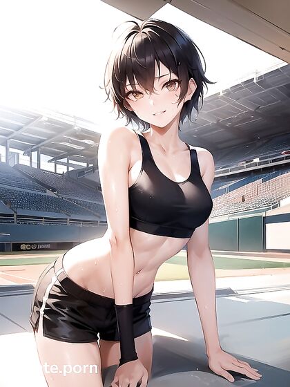 Sunny Leans Forward in the Baseball Stadium for Steamy Hentai AI Image
