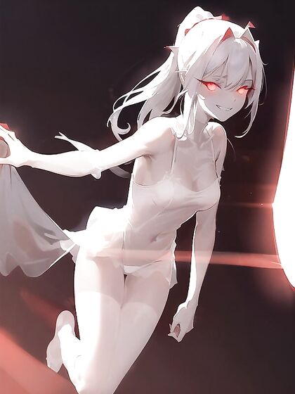 Red Light Glowing Through Her Body in Ethereal White Floating Hentai AI Image