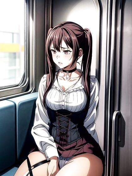 Blouse Clad Beauty Shows Off Seductive Tan Lines in Crowded Hentai AI Image