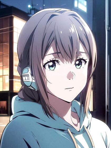 Girl 18+ in Hoodie with Headphones Enjoying Intense Hentai Pleasure