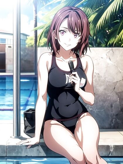 Black-Haired Beauty Shows Off Tan Lines by the Pool in Steamy Hentai AI Image