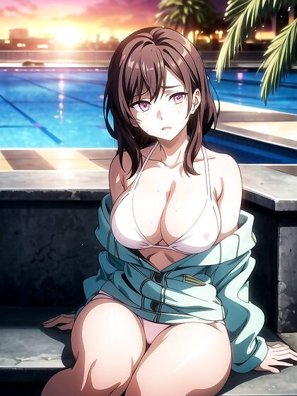 Sweaty Off-Shoulder Swimsuit Seduction in Steamy Hentai AI Image