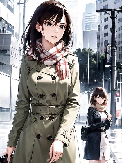 Colorful Manga Fantasy - Seductive Woman in Scarf and Trench Coat Hentai Pleasure