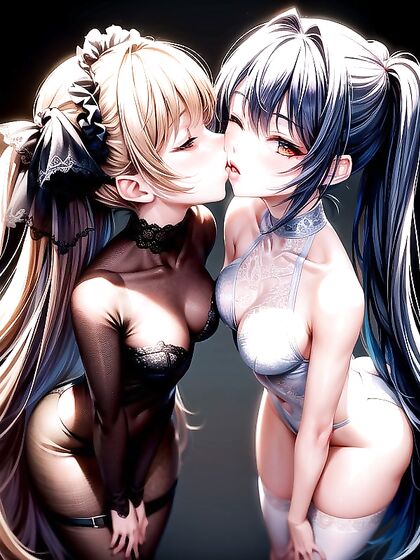 Intense Lesbian Kissing Image in Vibrant Hentai Wallpapers