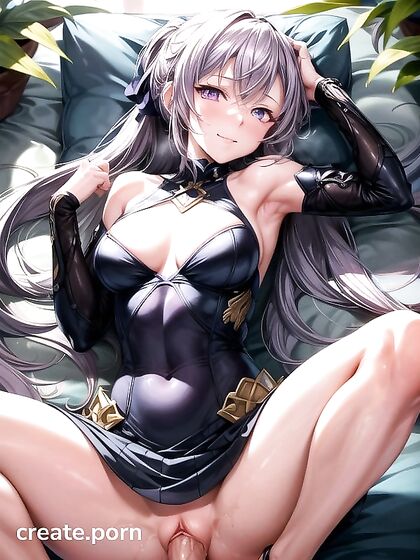 Ponytailed Beauty in Purple Stares Seductively at You in Steaming Hentai AI Image
