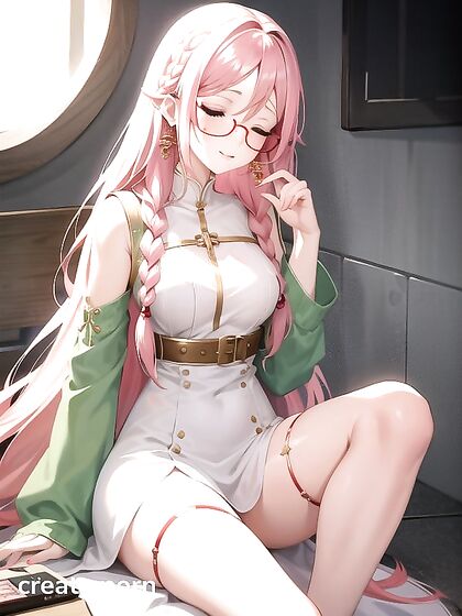 Red-Glasses Babe with Green Long Braids Seduces in Steamy Hentai AI Image