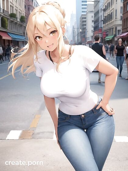 Blonde with Large Breasts Teased in Tight Jeans for Steamy Hentai Fun