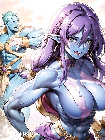 Massive Breasted Elf with Glowing Eyes and Tribal Tattoos in Vibrant Manga Action