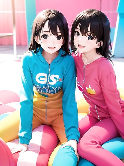 Two Girl 18+s in Adorable Onesies Share Sweet Kisses in a Colorful Playful World
