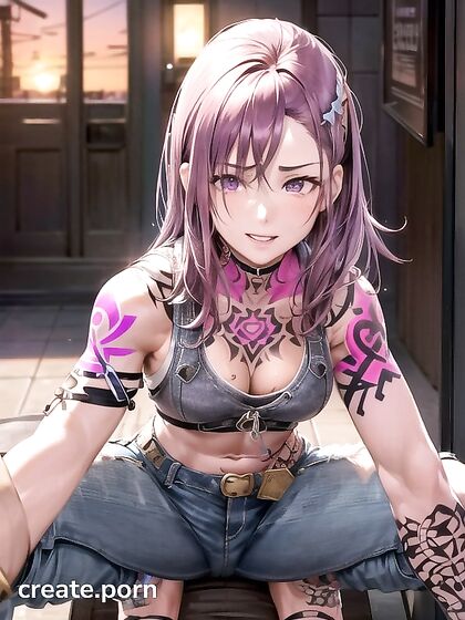 Top-Down View - Sexy Girl 18+ in Purple Jeans Takes It All in Hentai AI Image