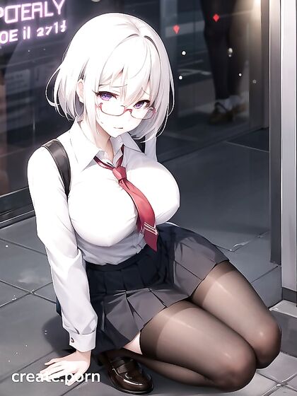 Glasses and Skirt Clad Beauty with Large Breasts in Seductive Hentai AI Image