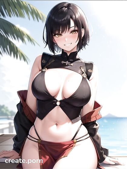 Golden-Skinned Beauty in Long Sleeves Takes Pleasure by the Pool in Hentai AI Image