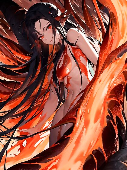 Volcanic Goddess with Lava-Skin Patterns Seduces Amidst Molten Flames