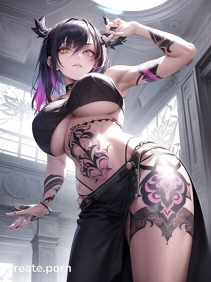Glowing-Eyed Babe with Perfect Curves in Wallpaper-Sized Hentai AI Image