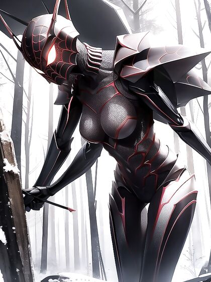 Amidst Dark Forest, Armored Skin ExhibitsErotic Beauty with Towering Spider Sentinels