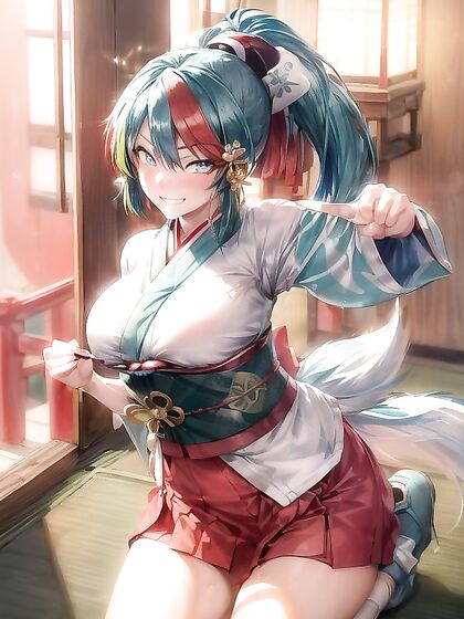 Gorgeous Hentai AI Porn - Bright Blue Glowing Eyes and Dark Green Short Ponytail