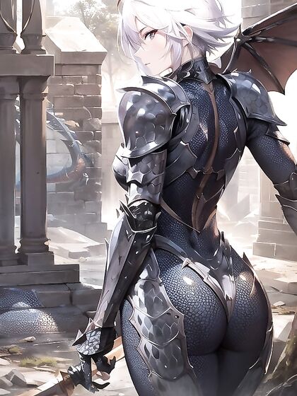 Armored Dragon Scales Cover Dragon Warrior in Ancient Battlefield Ruins Hentai'action