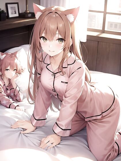 Cozy Night In - Playful Poses in Pajamas Amidst Soft Pillows and Warm Lights Hentai Hentai AI Image