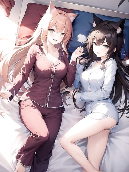 Two Playful Cat Girl 18+s in High-Res Dynamic Poses for Hot Hentai AI Image