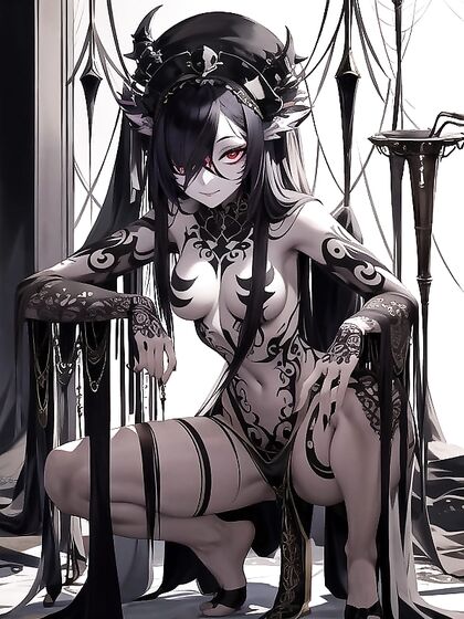 Spider Priestess with Intricate Black Tattoos in Seductive Hentai AI Image