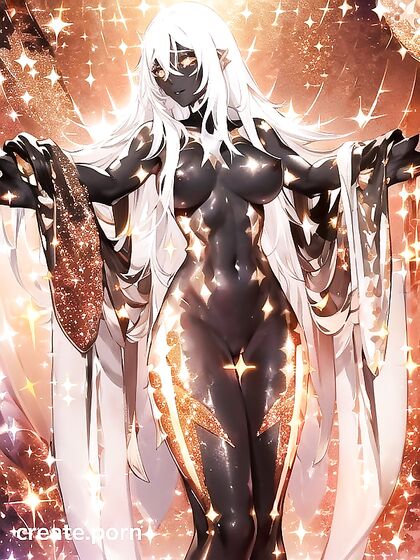 Dark-Skinned Beauty with Snowy White Hair in Steamy Hentai AI Image