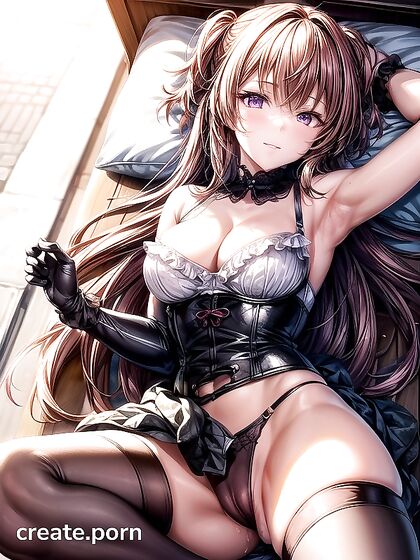 Military hentai waist shot with arms up for intense pleasure