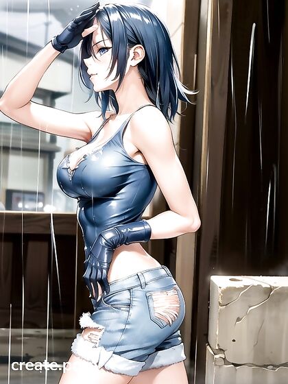 Grabbing Boobs and Pubic Hair in Seductive Jean Shorts Hentai AI Image