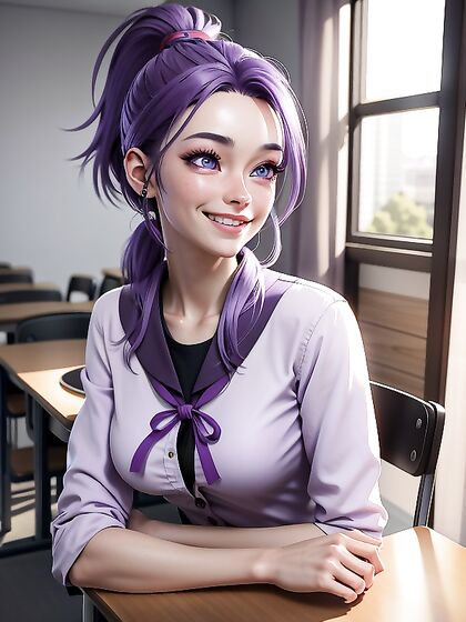 Sunlit Classroom Romance - Smiling Beauty with Purple Eyes in Seductive Hentai AI Image