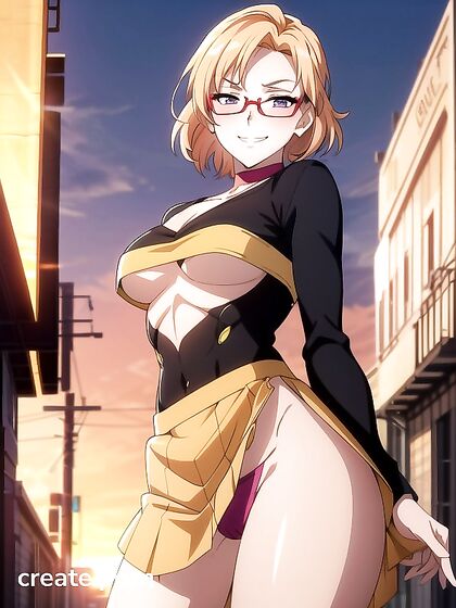 Mischievous Gold-Skinned Beauty in Skirt Tempts You in Seductive Hentai AI Image