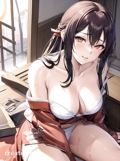 Naked Girl 18+ with Brown Eyes Wears Kimono in Seductive Hentai AI Image