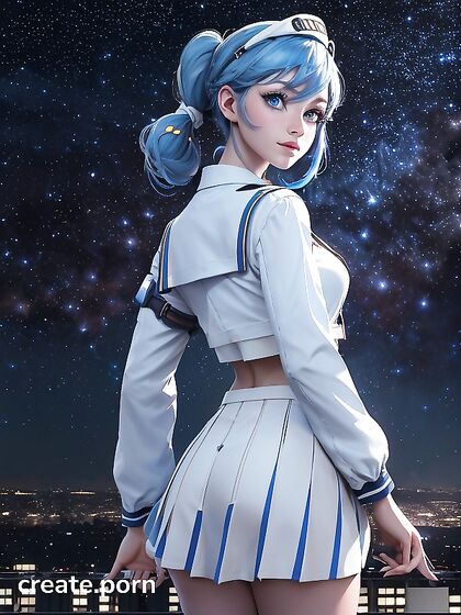 Blue-Eyed Girl 18+ inWhite Sailor Collar Poses Amidst Starlit Cityscape