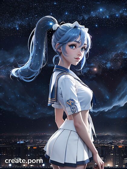 Blue-Eyed Girl 18+ in White Blue Sailor Uniform Stares at Starlit Cityscape