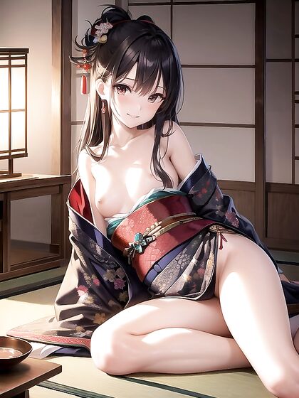 Sensual Kimono Clad Beauty Sits Seductively on Tatami Mats in Hot Hentai AI Image