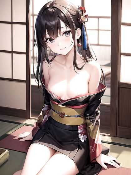 Kimono-Wearing Beauty Gets Happy in Seductive Sitting Down Hentai AI Image